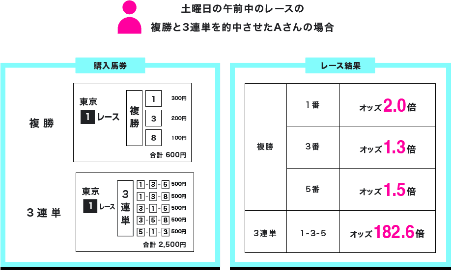 土曜日の午前中のレースの複勝と3連単を的中させたAさんの場合 購入馬券 東京1レース 複勝 1 300円 3 200円 8 100円 合計600円 3連単 1-3-5 500円 1-3-8 500円 3-1-5 500円 3-5-8 500円 5-1-3 500円 合計2,500円 レース結果 複勝 1番 オッズ2.0倍 3番 オッズ1.3倍 5番 オッズ1.5倍 3連単 1-3-5 オッズ182.6倍