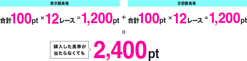 東京競馬場 合計100pt×12レース=1,200pt + 京都競馬場 合計100pt×12レース=1,200pt 購入した馬券が当たらなくても2,400pt