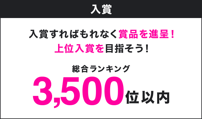 入賞 入賞すればもれなく賞品を進呈!上位入賞をめざそう! 総合ランキング3,500位以内