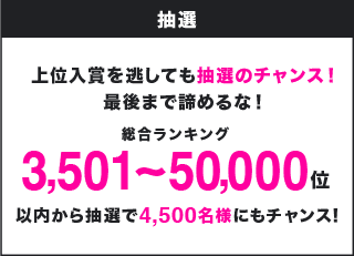 抽選 上位入賞を逃しても抽選のチャンス!最後まで諦めるな! 総合ランキング3,501〜50,000位以内から抽選で4,500名様にもチャンス!