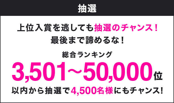 抽選 上位入賞を逃しても抽選のチャンス!最後まで諦めるな! 総合ランキング3,501〜50,000位以内から抽選で4,500名様にもチャンス!
