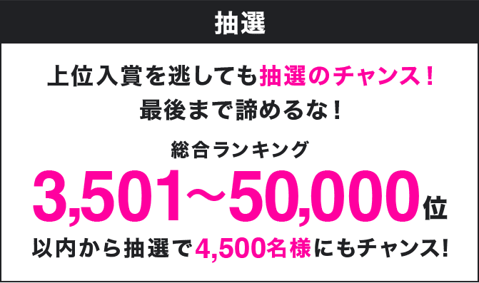 上位入賞を逃しても抽選のチャンス!最後まで諦めるな!総合ランキング3,501〜50,000位以内から抽選で4,500名様にもチャンス!
