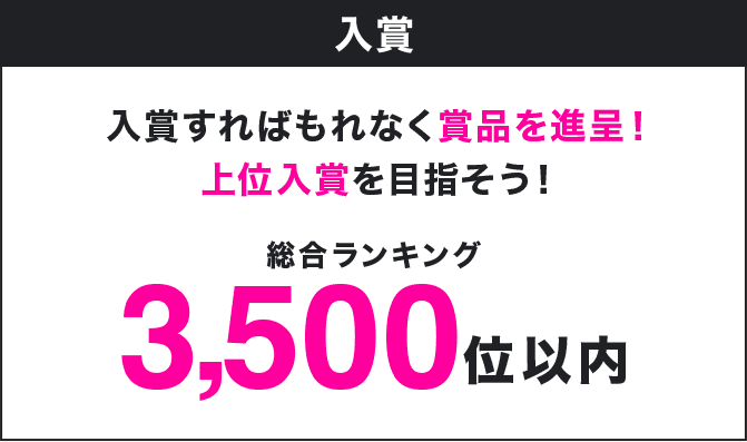入賞すればもれなく賞品を進呈!上位入賞を目指そう!総合ランキング3,500位以内
