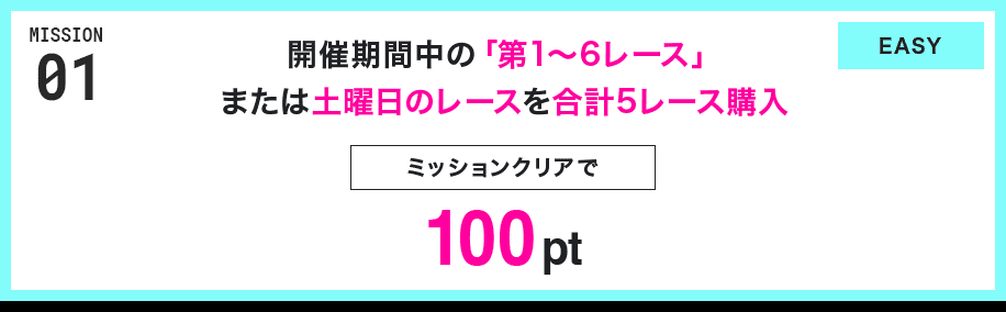 MISSION 01 開催期間中の「第1~6レース」または土曜日のレースを合計5レース購入 ミッションクリアで100pt EASY