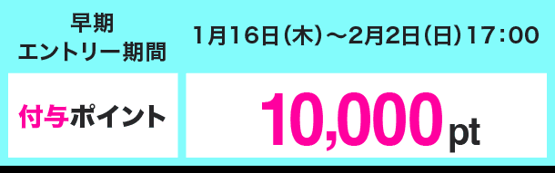 早期エントリー期間 1月16日(木)〜2月2日(日)17:00 付与ポイント 10,000pt