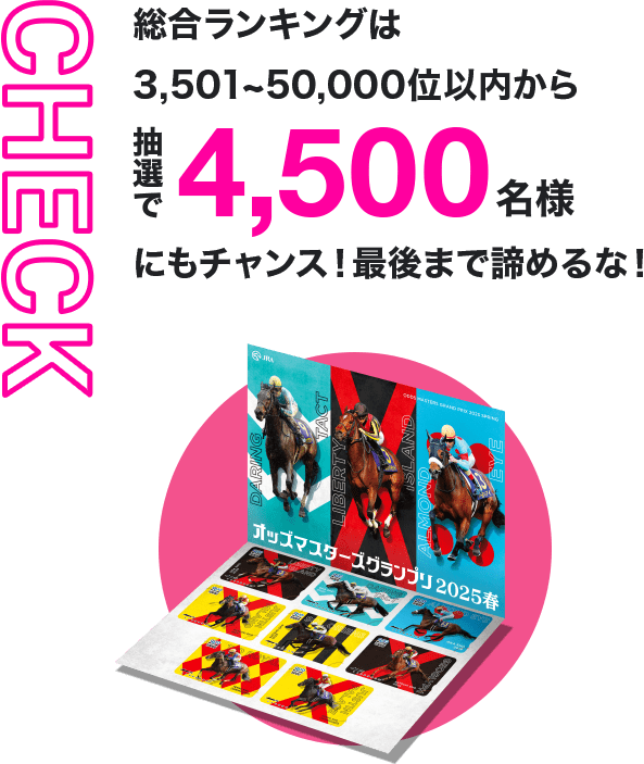 CHECK 総合ランキングは3,501~50,000位以内から抽選で4,500名様にもチャンス！最後まで諦めるな！